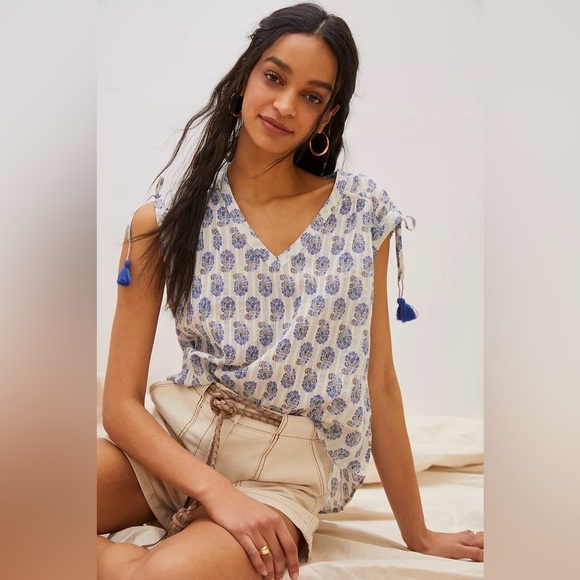 NWT by Anthropologie Terra Shirred Blouse with Tassels Small - Picture 1 of 11